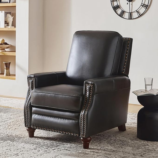 HULALA HOME Genuine Leather Recliner Chair, Classic Push Back Recliner Armchair with Thick Seat and Backrest (Black)