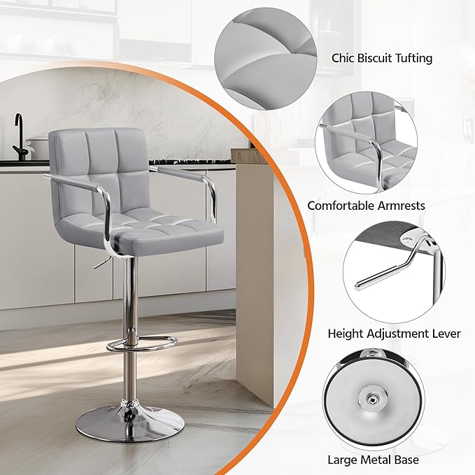 Yaheetech Bar Stools Set of 2, PU Leather Adjustable Swivel Barstools, Hydraulic Kitchen Counter Height Bar Chairs with Armrest and Back for Kitchen, Dining Room, Light Grey