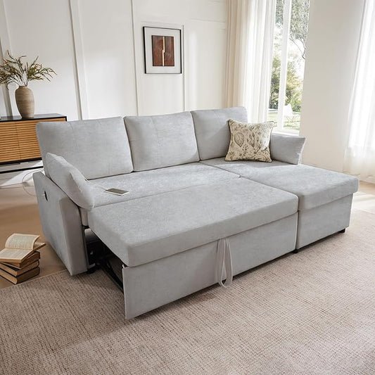 Waxberry Sectional Sofa Couch, Pull Out Couch Sleeper Sofa Bed with Storage for Living Room, Reversible Chaise, Side Pockets & Dual USB/Type-C Ports, Gray