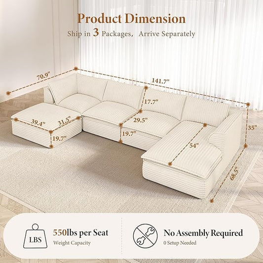Vesgantti 141.7" U Shaped Sectional Boneless Couch, Modern 6 Seater Modular Sofa with Chaise & Ottoman, Deep Seat Plush Corduroy Cloud Couches for Living Room, No Assembly Required, Beige