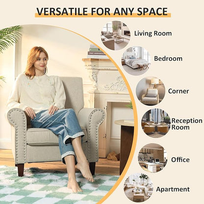 PrimeZone Comfy Accent Chair Set of 2, Mid-Century Modern Fabric Living Room Chair Reading Chair with Soft Cushion, Nailhead Trim & Rolled Armrest, Arm Chair Sofa Chair for Bedroom Waiting Room,Beige