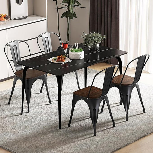 COSTWAY 18 Inch Dining Chair Set of 4, Industrial Vintage Stackable Metal Chairs, Counter Bar Chairs with High Backrest, Wood Seat, for Home, Kitchen and Cafe Bar Use