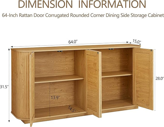 LKTART 64" Sideboard Buffet Cabinet with Storage, Wooden Fluted Storage Cabinet Sideboard with Adjustable Shelves Pressed Spring Rattan Doors for Kitchen Living Room (Natural)