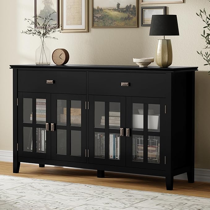 SIMPLIHOME Artisan Buffet - 60 inch Wide Solid Wood 4-Door Sideboard Buffet in Black, Transitional Storage Cabinet for Dining Room or Kitchen with Adjustable Shelves and Square Knobs