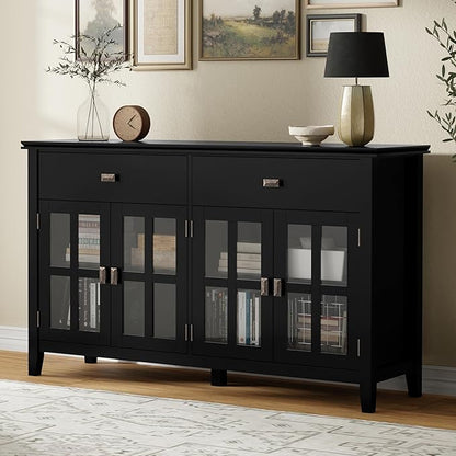 SIMPLIHOME Artisan Buffet - 60 inch Wide Solid Wood 4-Door Sideboard Buffet in Black, Transitional Storage Cabinet for Dining Room or Kitchen with Adjustable Shelves and Square Knobs