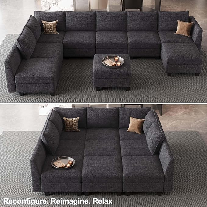 Belffin Large Modular Sectional Sofa Sleeper Sectional Couch with Storage Chenille Sectional Sofa Bed for Living Room, 9 Seats, Dark Grey
