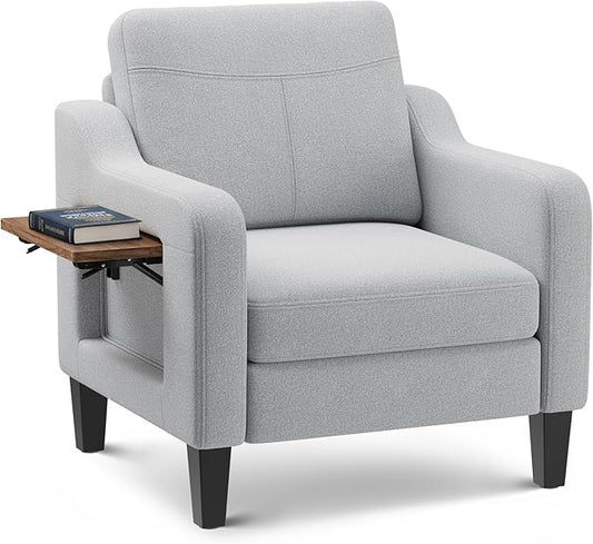 Accent Chair for Living Room Modern Linen Upholstered Armchair Side Wooden Fabric Sofa Chair with Foldable Table 2 Side Pockets Comfy Reading Chair for Bedroom