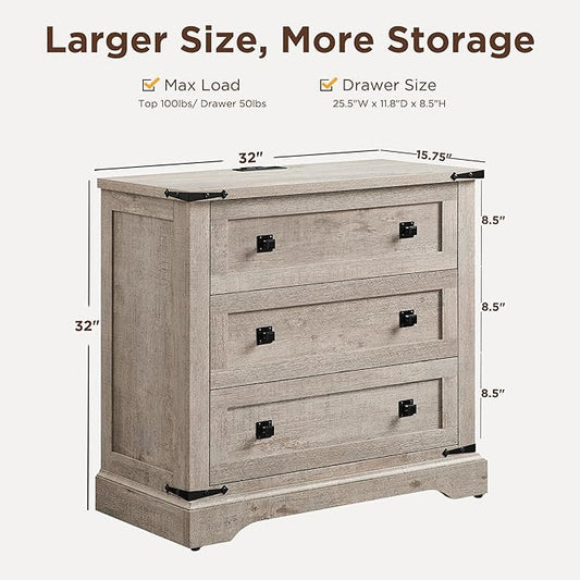 T4TREAM Farmhouse 3 Drawers Dresser for Bedroom, Rustic Wood Double Dresser TV Stand, Wide Storage Dressers Organizer for Living Room, Hallway, Light Rustic Oak