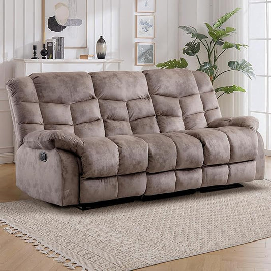 EBELLO Reclining Couch for Living Room, Extra Wide Modern Overstuffed 3 Seat Recliner Manual Sofa Breathable Fabric and Padded Cushion, Light Brown