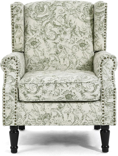 UIXE High Back Accent Chair, Fabric Upholstered Armchair for Living Room, Floral Printed Wingback Arm Chair with Solid Wood Legs, Retro Nailhead Trim Single Sofa Bedroom Reading Seat - Rococo Green