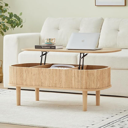 Fluted Lift Top Coffee Table with Hidden Compartment, Fully Assembled Wooden Center Table, Modern Oval Lift Tabletop for Home Living Room Office, Natural