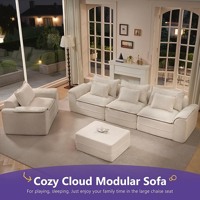 Hobestluk 120" Cloud Modular Sectional Couch 3-Seater Sofa with Ottoman L Shaped Sofa with Removable Cover Large Sofa Couch for Living Room (Beige, 3-Seater Sofa with One Ottoman)