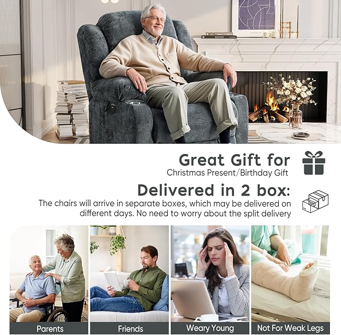 ABCASA Large Dual Motor Lay Flat Power Lift Recliner Chair for Elderly with Heat ＆ Massage, Comfortable Chenille Recliner, Cup Holder, Side Pocket,USB-A ＆ C Ports, Gray Blue