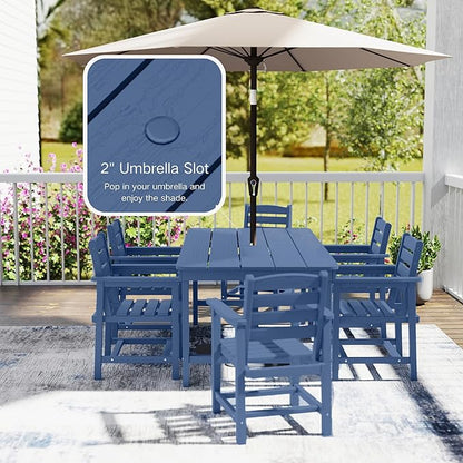 7 Piece Patio Dining Set with 11ft Patio Umbrella (Apple Green), 7 Navy Outdoor HDPE Dining Set with 6 Chairs + 1 Large Table, for Market, Pool, Garden, Backyard, Deck