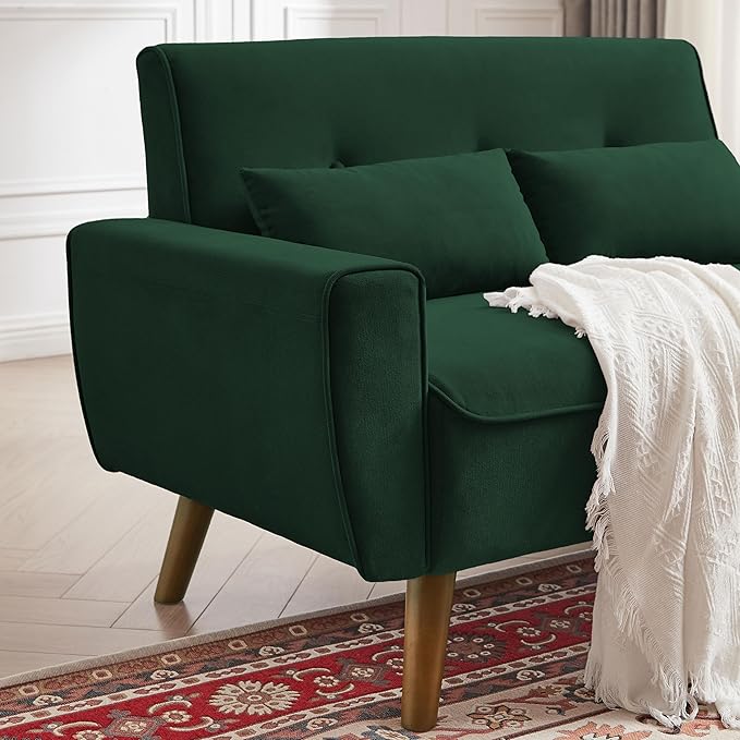 48" Small Loveseat Sofa, Mid Century Modern Love Seat Couch with Back Cushions and Plastic Legs, 2 Seater Couches for Living Room, Bedroom, Small Spaces, Green