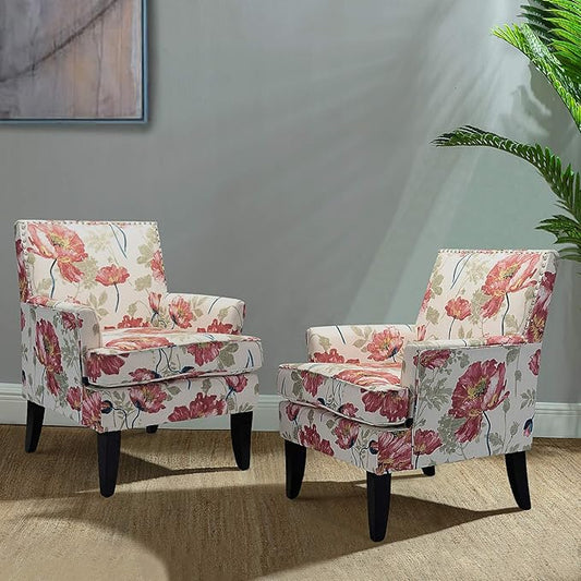 HULALA HOME Modern Accent Chairs Set of 2, Farmhouse High Back Floral Chairs with Wooden Legs & Nail Head Trim, Comfy Upholstered Armchairs for Living Room/Bedroom (Red Yellow Floral)