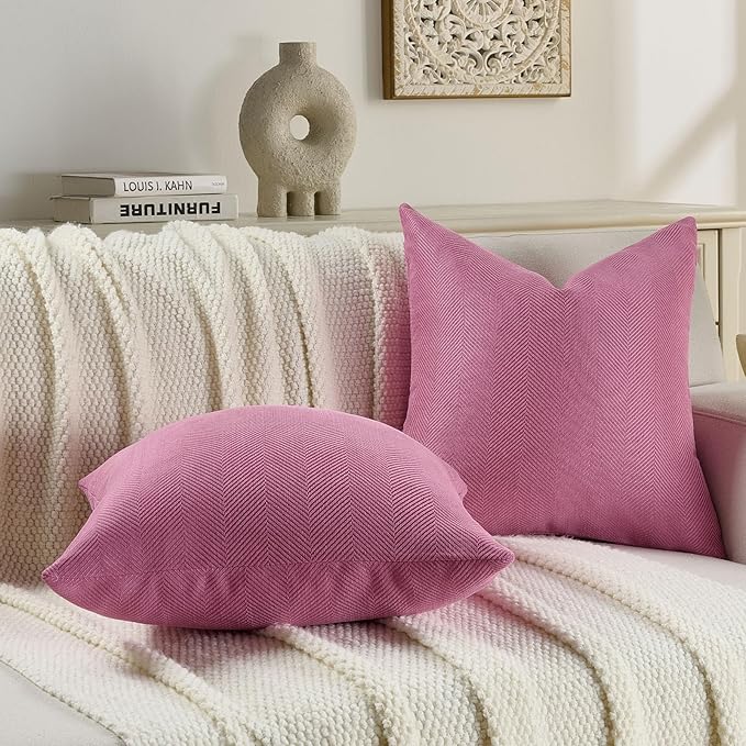 FUTEI Hot Pink Chenille Throw Pillow Covers 18x18 Inch Set of 2,Soft Wide Chevron Textured Cushion Case,Farmhouse Home Decor for Couch Bed Living Room