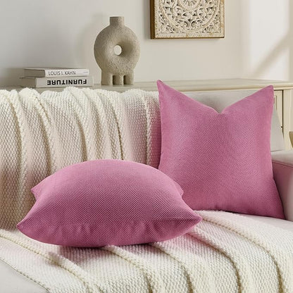 FUTEI Hot Pink Chenille Throw Pillow Covers 24x24 Inch Set of 2,Soft Wide Chevron Textured European Pillow Shams,Farmhouse Home Decor for Couch Bed Living Room