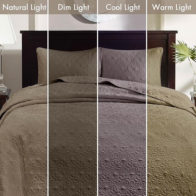 Madison Park Quebec Reversible Quilt Set Damask Design, Double Sided Stitching All Season, Lightweight Bedspread Bedding Set, Matching Sham, Khaki, King(120"x118") 3 Piece