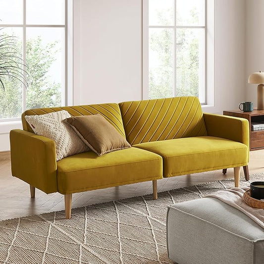 mopio 76.4" Futon Sofa Bed, Couch, Loveseat, Sleeper Sofa, Mid Century Modern Futon Couch, Sofa Cama, Couches for Living Room (Antique Gold Premium Velvet)