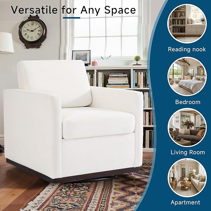 Pia Ricco Single Swivel Barrel Chair, Mid-Century Modern Accent Armchair with Plush Chenille Upholstery for Living Room & Cozy Reading Nook, Beige