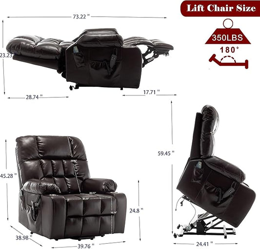 Large Power Lift Recliner Chair with Massage and Heat for Elderly,Overstuffed Wide Recliners,Breathable Leather with 2 Cup Holders,Dual OKIN Motor,Recline up to 180 Degrees
