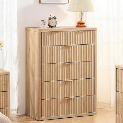 LEYAOYAO Fluted 6 Drawers Dresser for Bedroom, 42" Tall Modern Chest of Drawers with Metal Handle, Curved Profile Design,Natural Wood Drawer Organizer for Bedroom, Living Room, Hallway, Entryway