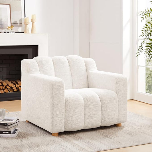 VANOMi Oversized Accent Chair, Modern Living Room Chairs, Comfy Boucle Fabric Upholstered Armchair for Bedroom, Office, Waiting Room (White Boucle)