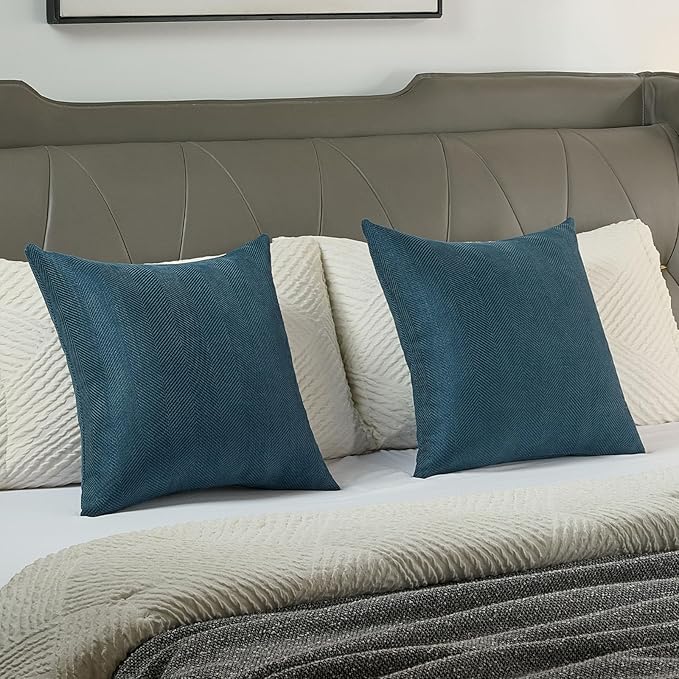 FUTEI Navy Blue Chenille Throw Pillow Covers 18x18 Inch Set of 2,Soft Wide Chevron Textured Cushion Case,Farmhouse Home Decor for Couch Bed Living Room