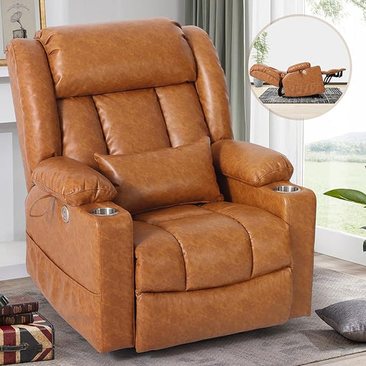 ABCASA Oversized Zero Gravity Power Lift Recliner Chair, 24.8''Wide Dual Motor Recliner for Elderly, Heat & Massage, USB & Type-C Ports, Cup Holders, Extended Footrest, PU Leather, Orange Brown