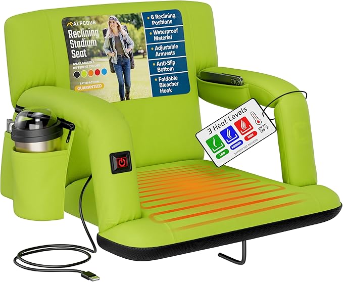 Alpcour Heated Reclining Stadium Seat for Bleachers – Wide Bleacher Chair with Back Support and Cushion, Armrests, Side Pockets, & Hook – Stadium Seats Chairs for Camping, Kayak, Paddle Board & More