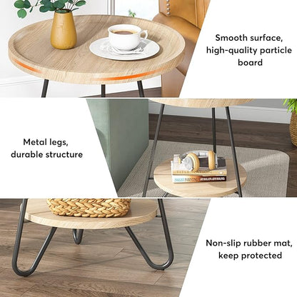 Tribesigns Set of 2 Round Side Table, 2-Tier End Table with Metal Legs, Modern Industrial Beside Table, Small Accent Table Snack Table for Living Room, Bedroom, Small Space, Wood Color