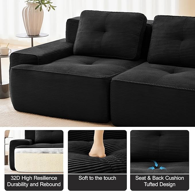 115.3” Black Boneless Couches for Living Room, Modular Sectional Sofa with U-Shape Chaise, 3 Seater Comfy Upholstered Deep Seat Corduroy Fabric Cloud Couch No Assembly, Anti-Slip Design