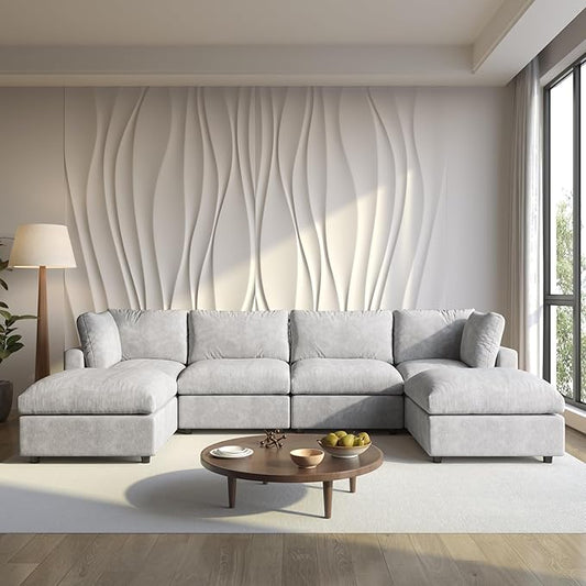 WJShome Cloud Couch Modular Sectional Sofa, 134" U Shaped Couch for Livingroom, Oversized Convertible Wide Seater with 2 Ottomans Living Room Set, Covers Washable&Replaceable,Gray