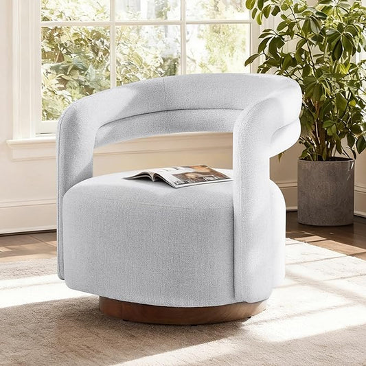 Swivel Accent Chair, Upholstered Barrel Chair with Open Back Design, Modern Arm Chair with Wooden Base for Living Room Bedroom Reading Waitingroom, White