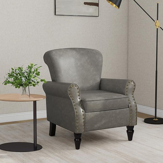 Accent Chair, Mid Century Modern Faux Leather Arm Chair with Wood Leg for Living Room, Bedroom, Comfy PU Leather Club Reading Chairs with Wingback & Nailhead Trim (Leather Grey, Set of 1)