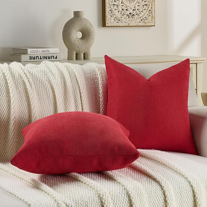 FUTEI Christmas Red Chenille Throw Pillow Covers 22x22 Inch Set of 2,Soft Wide Chevron Textured Cushion Case,Farmhouse Home Decor for Couch Bed Living Room