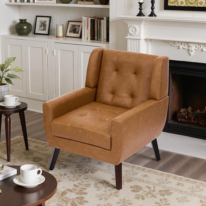 Faux Leather Accent Chair, Mid-Century Modern Upholstered Armchair, Comfy Living Room Chairs Reading Chairs with Button Tufted Back & Solid Wood Legs for Bedroom, Office, Brown