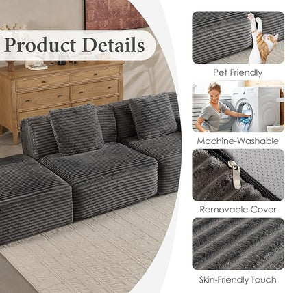 VK·LIVING 113" Cloud Sectional Couch, 61.6" Deep Seat Boneless Modular Sofa with Wide Armrests, Plush Corduroy Memory Foam Couch for Living Room, No Assembly, Dark Gray