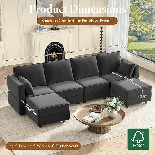 Vesgantti Sectional Couches with Storage Seats, 118" L Shaped Convertible Modular Sectional Sofa, 4 Seat & 2 Ottomans Velvet Storage Chaises Deep Seat Couch for Living Room, Bedroom, Apartment, Gray
