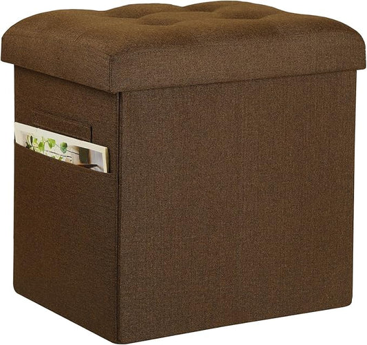 Storage Ottoman Cube, 61L Slim Tall Foldable Foot Rest with Thicker Foam Padded Seat. 350 lbs Small Linen Ottoman with Storage Bench Footstool for Living Room, Bedroom, Coffee Table. 17x13x17in, Brown