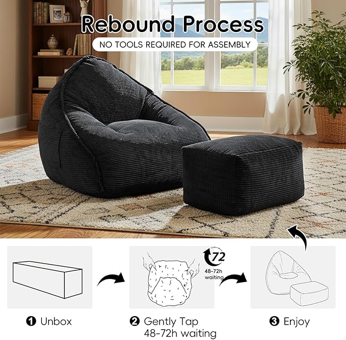 Cloud Bean Bag Chair with Ottoman for Adults, Comfy Corduroy Chaise Lounge Chair with High-Resilience Foam, Oversized Boneless Reading Chair for Bedroom & Living Room Black