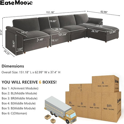 EASE MOOSE Sectional Modular Sofa,Oversized L Shape Sectional Couch Wide Deep Seat Modular Cloud Couch for Living Room,Dark Gray Removable and Washable