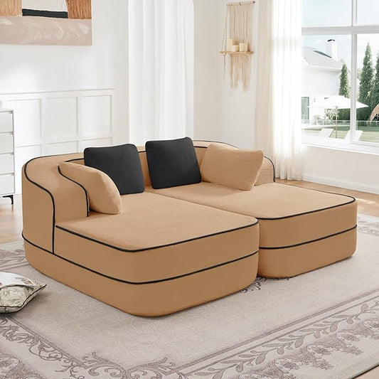 Cloud Sectional Sofa Modern Boneless Couch for Living Room, Comfy Deep Seat Comfy Teddy Fabric Double Sofa Chaise No Assembly Required (Camel, 77.2" Double Chaise Lounge)