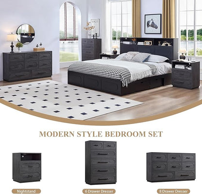 Gray Night Stand with Charging Station, 21.7" Wide Wood End Table with 2 Storage Drawers, Open Shelf & Unique Base, Mid Century Modern Bedside Table for Bedroom, Living Room, Gray