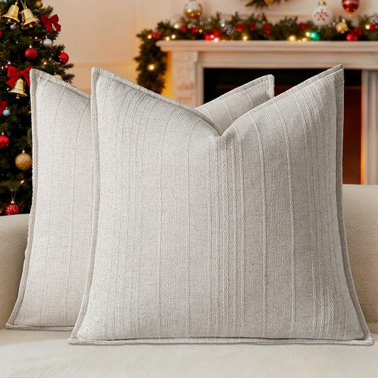 a moment Linen Pillow Covers Set of 2,Boho Farmhouse Throw Pillowcases Neutral Textured Decorative Covers for Couch Sofa Bed, Soft Linen Blend Accent Case Cushion Christmas Home Decor 20"x20"Ivory