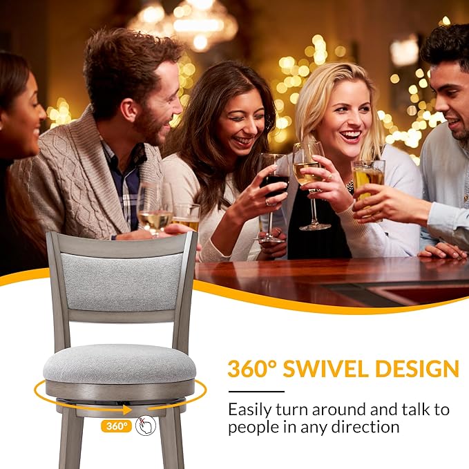 PrimeZone Swivel Bar Stools Set of 4, 26 Inch Counter Height Barstools, High Back Bar Stool with Solid Wood Legs & Wrap-Around Footrest, Counter Stools for Kitchen Island, Pub, Grey