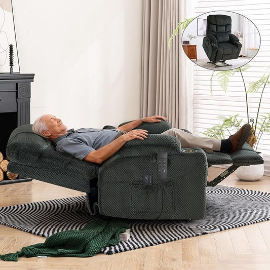 ABCASA Oversized Dual Motor Lay Flat Power Lift Recliner Chair with Massage, Heating, Lumbar Pillow, USB & Type-C Ports, Textile Lift Chair Recliner, Large Recliner for Big & Elderly People - Grey