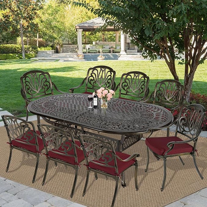 MEETWARM 9-Piece Outdoor Patio Dining Set, 8 Outdoor Dining Cushioned Chairs and 1 Oval Table with 2" Umbrella Hole, All Weather Cast Aluminum Patio Funiture Set for Backyard, Patio, Garden, Chili Red