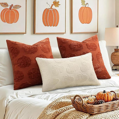 decorUhome Decorative Beige Pumpkin Thanksgiving Throw Pillow Covers 20x20 Set of 2, Soft Chenille Jacquard Farmhouse Textured Pillow Covers for Couch Bed Sofa Autumn Harvest Halloween Holiday